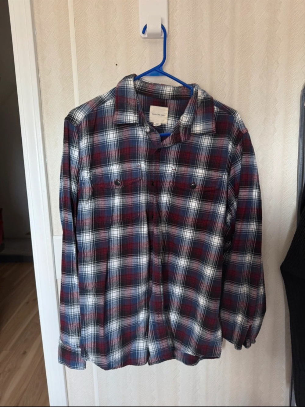 American Eagle Outfitters Navy, Red & White Plaid Button-Down Shirt